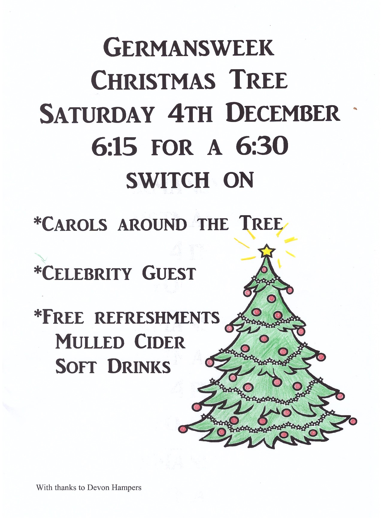 A Christmas tree with details about mulled cider, soft drinks, special guest and sing along